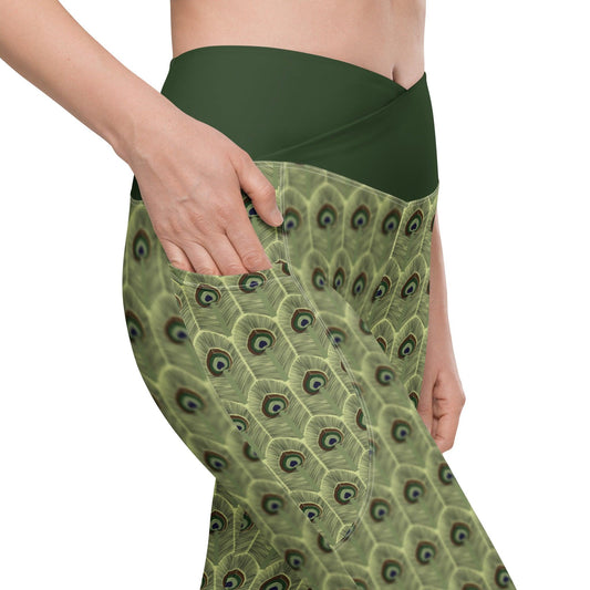 beYantra Peacock Feathers Crossover Leggings with Pockets – Elegance and Versatility - beYantra