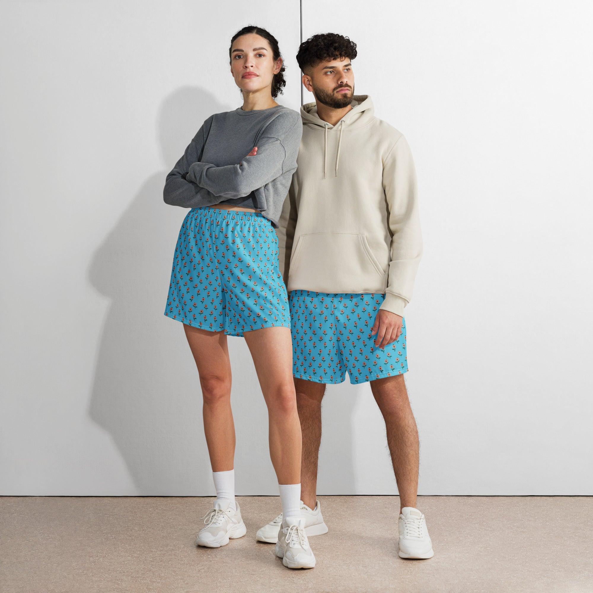 beYantra | Unisex Athletic Long Shorts | Light Blue with Tiny Flowers - beYantra
